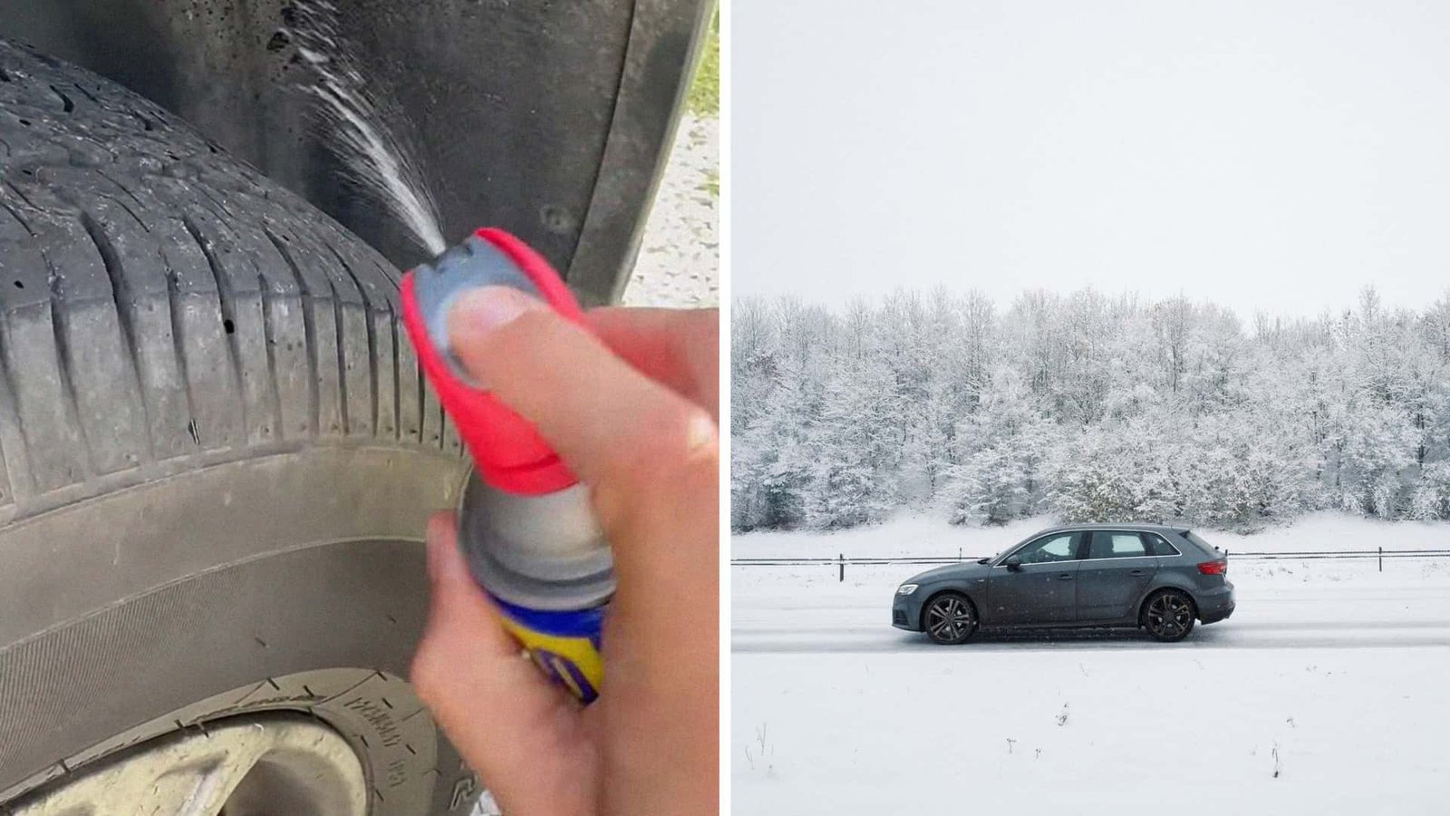 A can of WD-40 sits next to a car tire on a snowy day, symbolizing the unconventional method used for winter driving.
