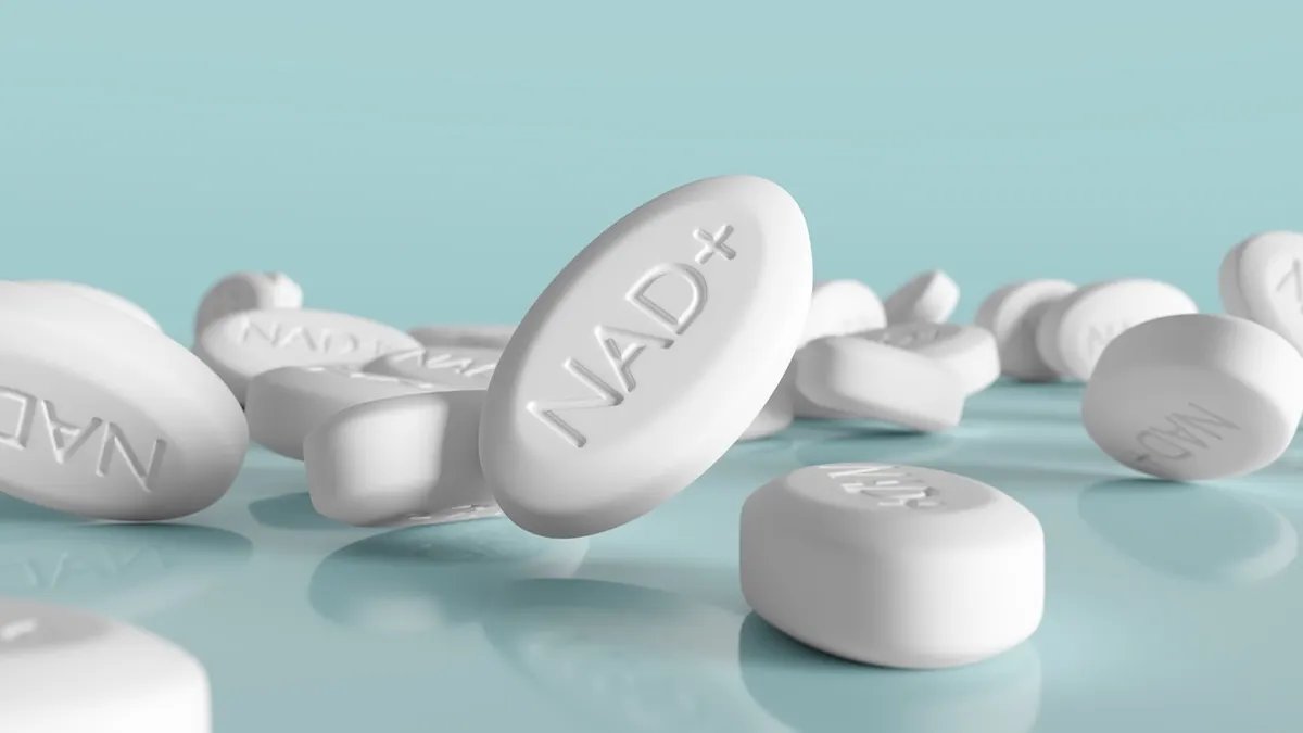 Close-up of different anti-aging pills and capsules displayed neatly, representing precursor supplements.