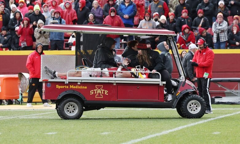 Iowa State player carted off, hospitalized after collapsing on field from brutal hit