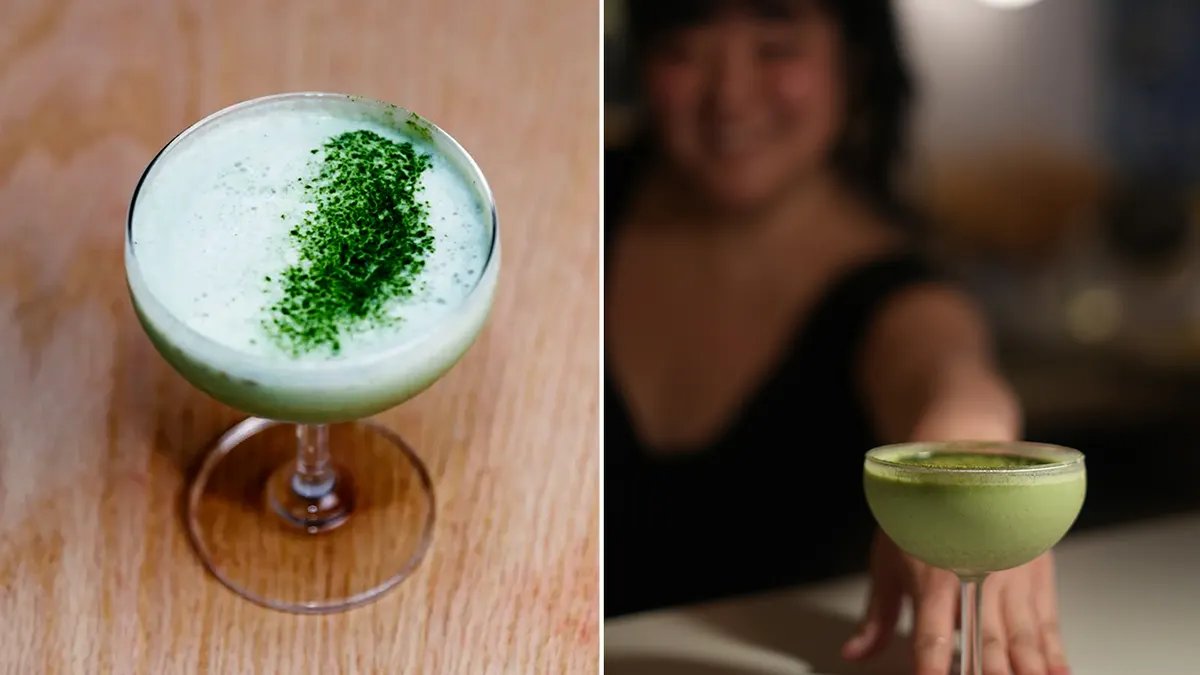 A close-up of a carefully crafted matcha cocktail