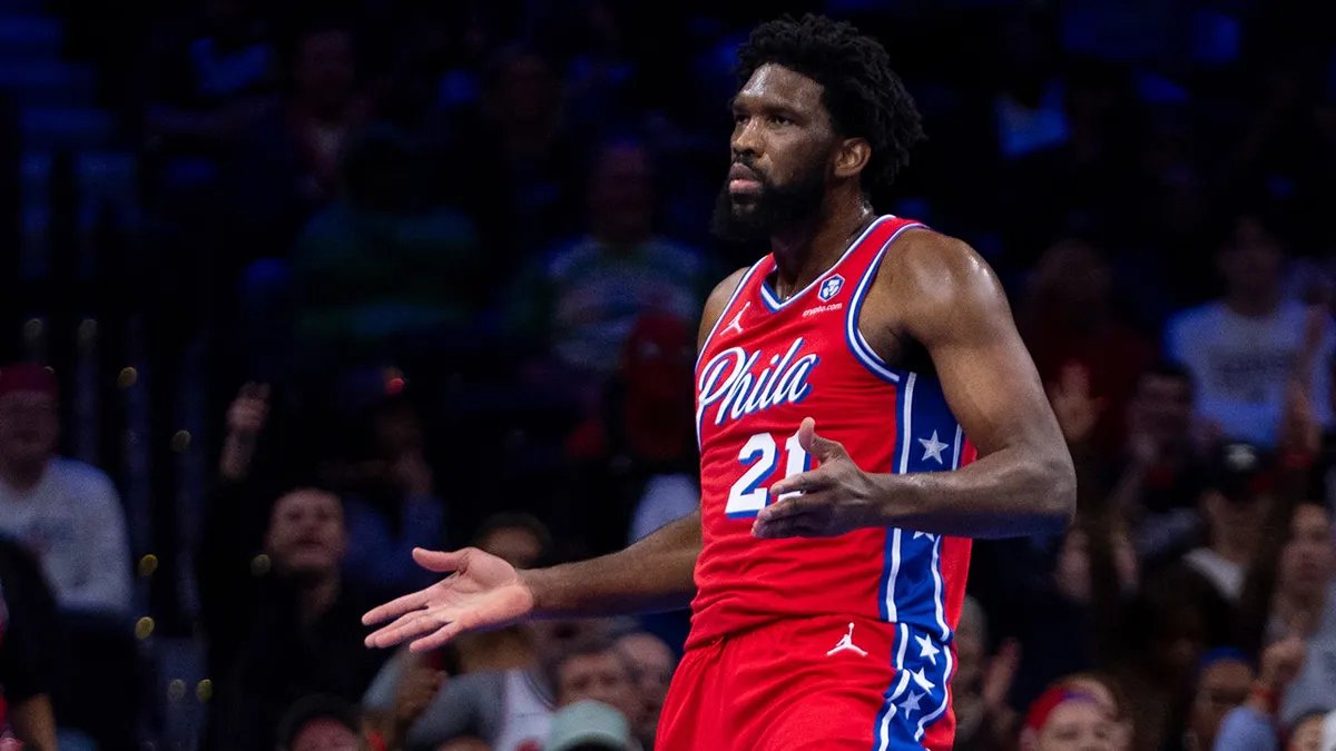 A wider shot of Joel Embiid on the court, illustrating the environment of the Joel Embiid fine lewd gesture incident