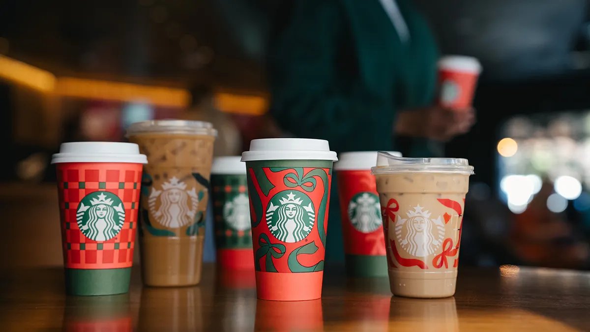 Stack of the new Starbucks holiday cups