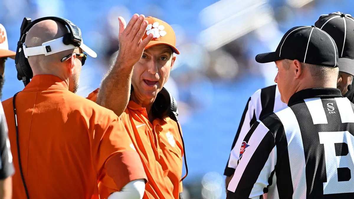 Clemson coach Dabo Swinney focused on the game Dabo Swinney looking intently at the field during a game