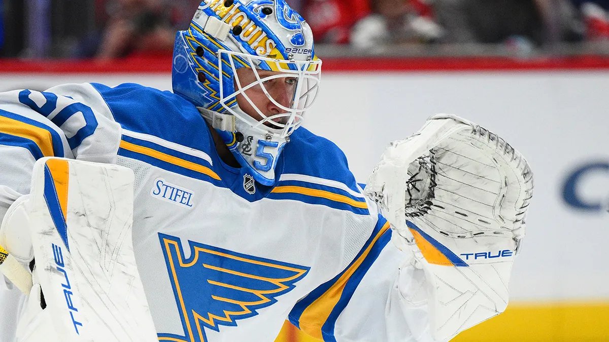Jordan Binnington on the ice during the game