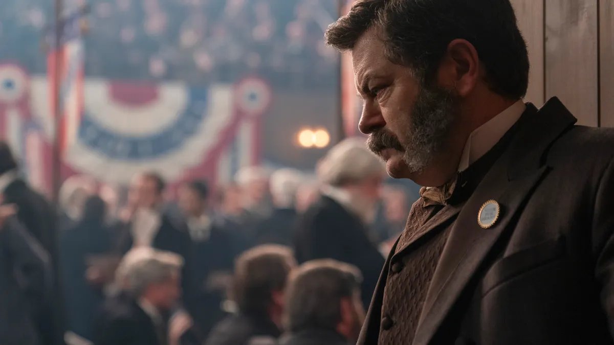 A somber depiction of President James Garfield, reflecting the serious tone of historical accuracy in 'Death by Lightning'.
