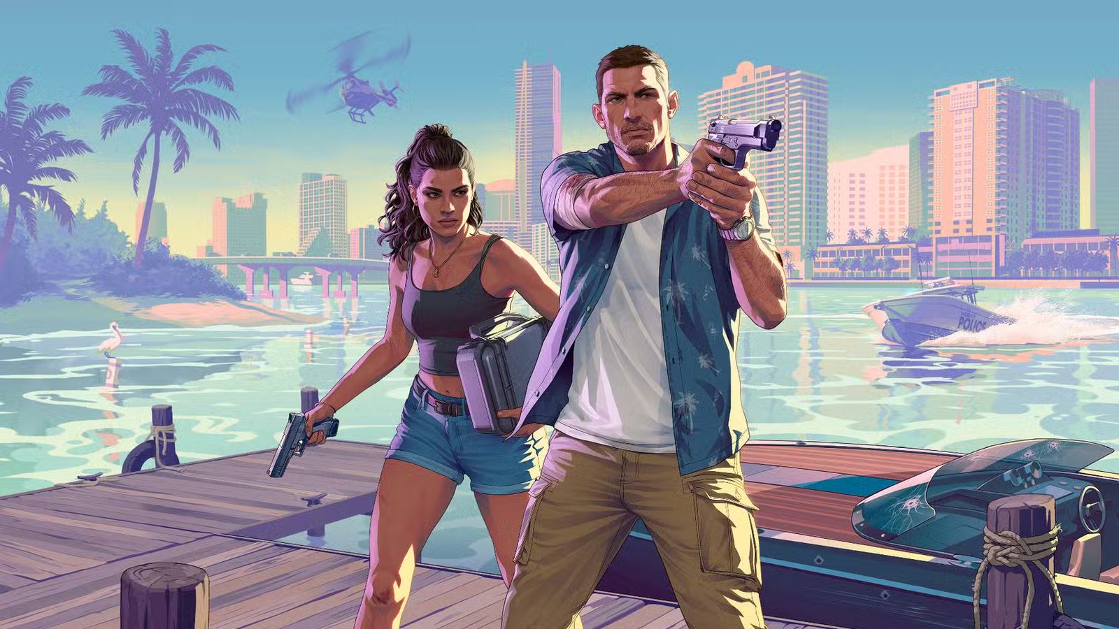 Dynamic scene from GTA 6 trailer featuring Jason and Lucia driving a car through Vice City