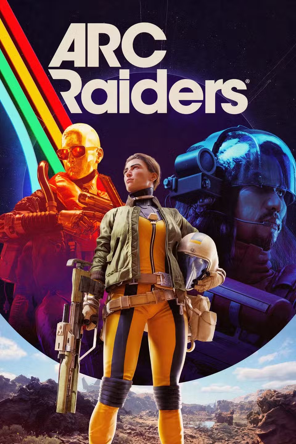 A cinematic shot of multiple ARC Raiders characters standing ready for battle, highlighting teamwork.