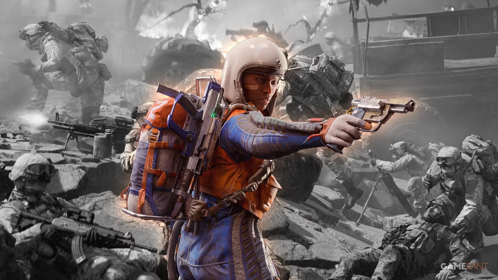 A group of ARC Raiders characters in combat, showcasing the game's vibrant art style and co-op action.