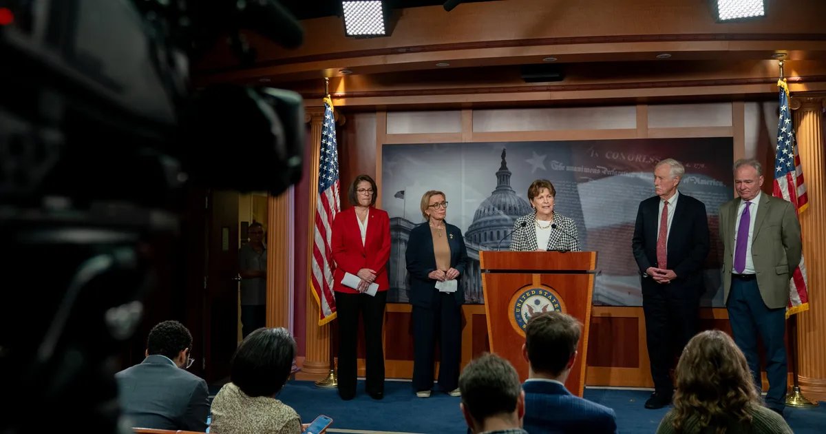 A group of moderate politicians huddle together, looking concerned and determined, outside the Capitol Building.