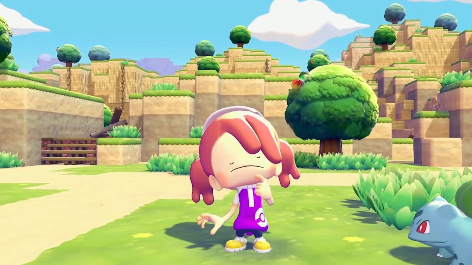 A promotional image showing a player character interacting with several Pokemon in a charming, village-like setting, reminiscent of Animal Crossing.