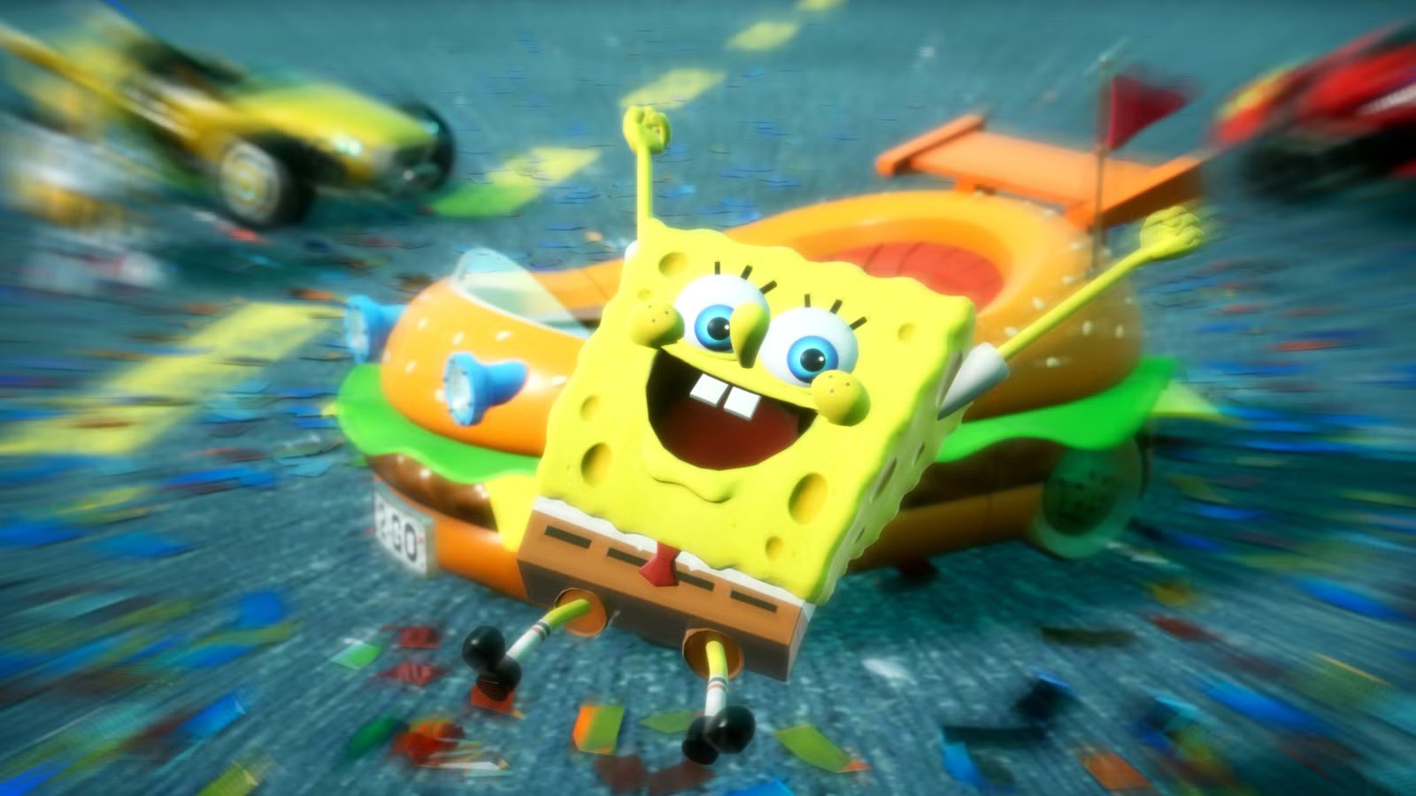 A screenshot from the CrossWorlds SpongeBob DLC showing Lea encountering SpongeBob and Patrick in a vibrant, pixelated Bikini Bottom.