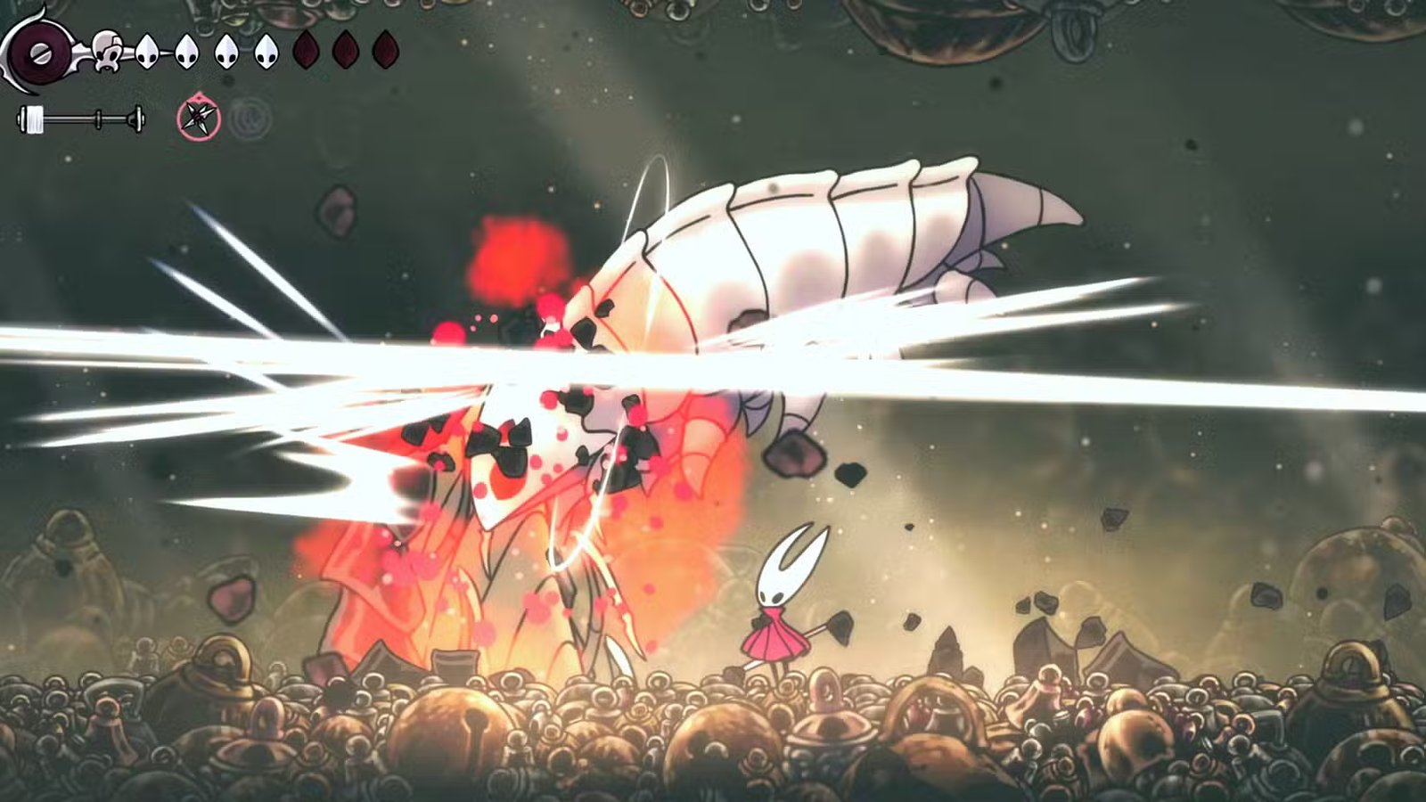 Hornet engaged in a dynamic boss battle against a colossal foe in a vibrant arena.