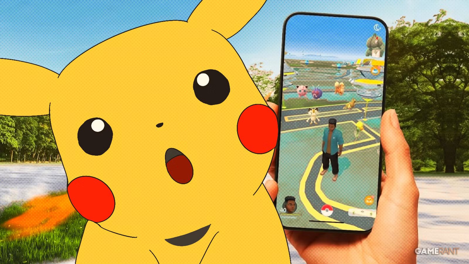 A Pokemon GO player holds a smartphone displaying a rare shiny Pokemon, highlighting the vibrant, alternate color palette against a real-world background.