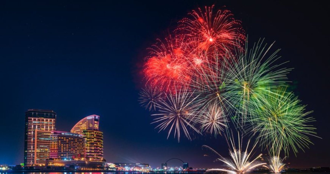 Spectacular fireworks illuminate the night sky over Dubai during National Day celebrations.