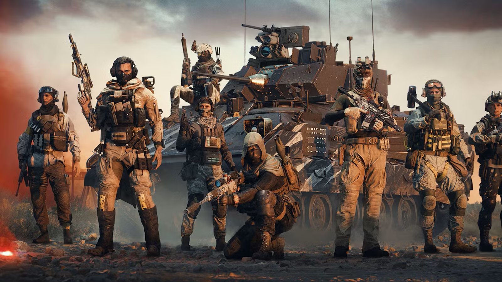 Soldiers running through a war-torn urban environment in Battlefield 6, explosions in the background.