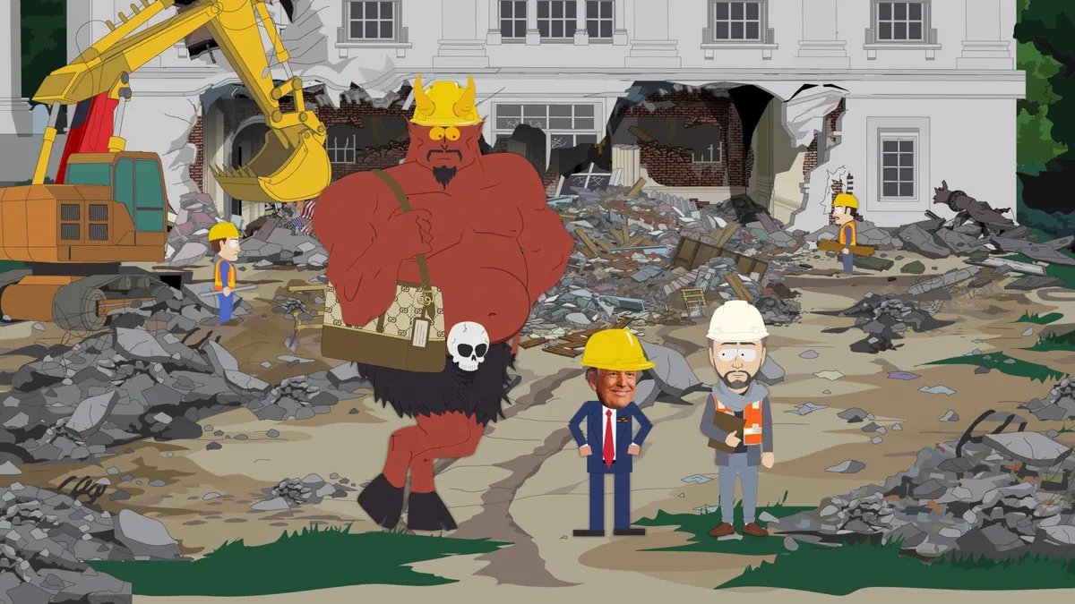 A still from the South Park episode 'Ohio's Burning' showing cartoon versions of Donald Trump and JD Vance.