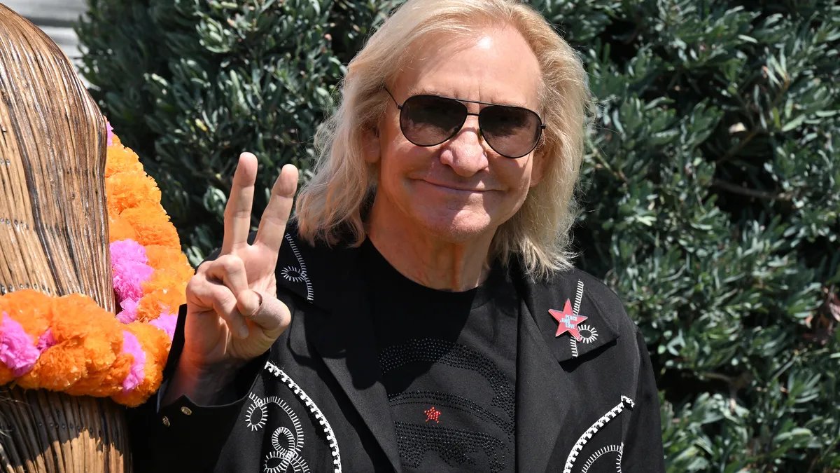 Joe Walsh performing passionately at a VetsAid concert, guitar in hand under stage lights.