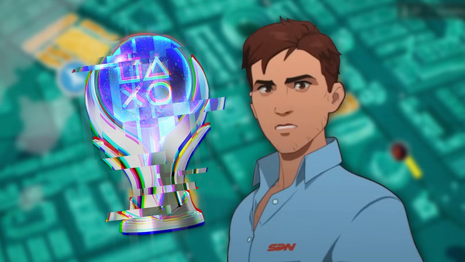 A disappointed gamer looking at a trophy list that shows Dispatch's Platinum Trophy as unobtainable due to bugs.