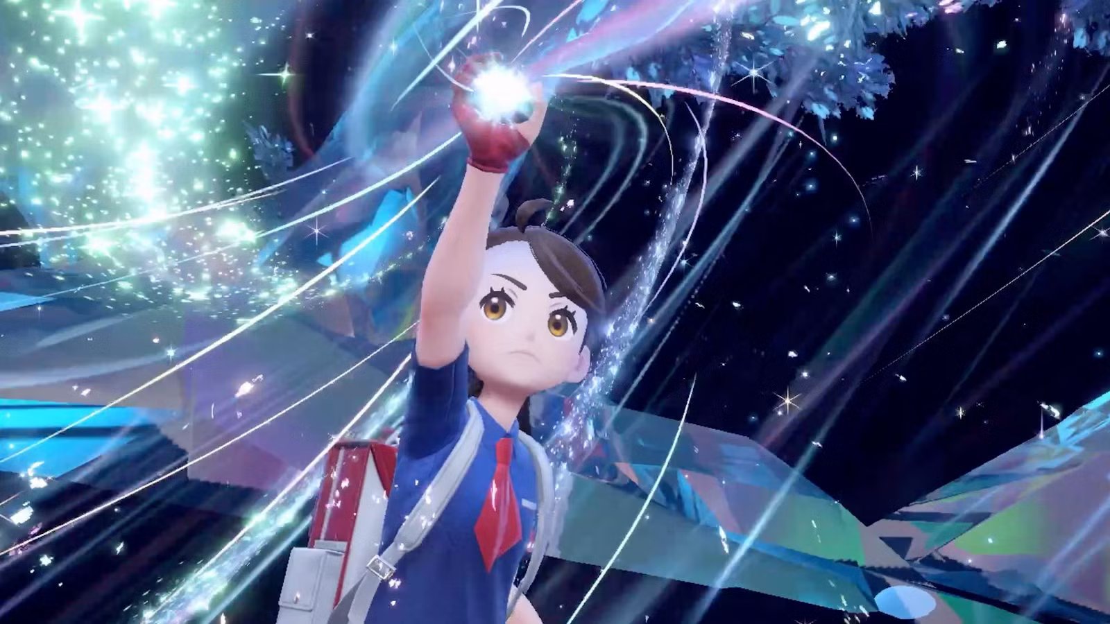 A powerful, glowing Tera Pokemon surrounded by trainers in a dynamic battle scene from Pokemon Scarlet and Violet, showcasing a Seven-Star Tera Raid.