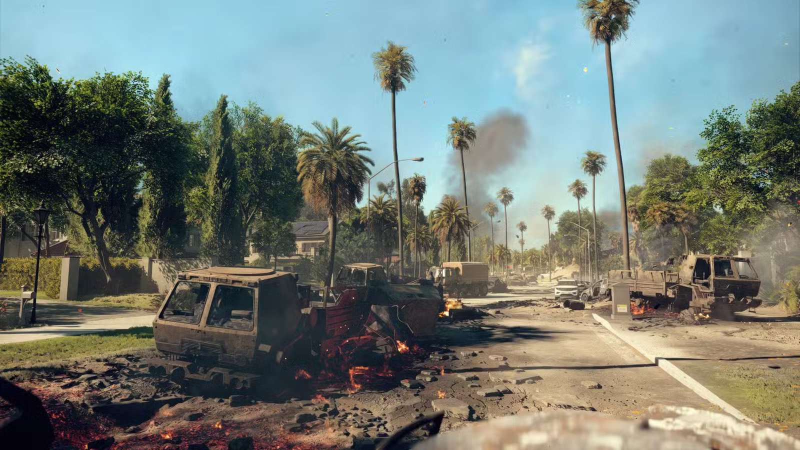 A Battlefield 6 combat scene with a helicopter flying over a destroyed cityscape.