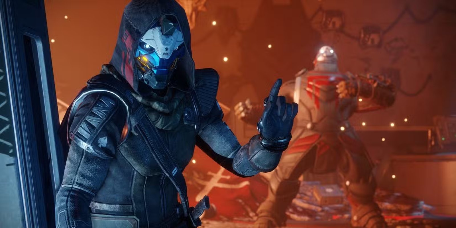 A Guardian in full combat gear, firing an exotic weapon in a heated battle sequence within Destiny 2.