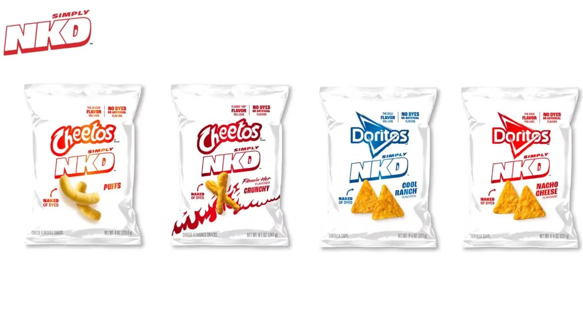 A side-by-side comparison of a traditional Doritos bag and a 'Naked' Doritos bag, highlighting the ingredient differences.