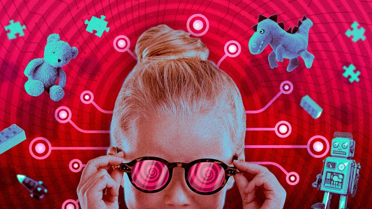 A young girl happily interacts with an AI robot toy.