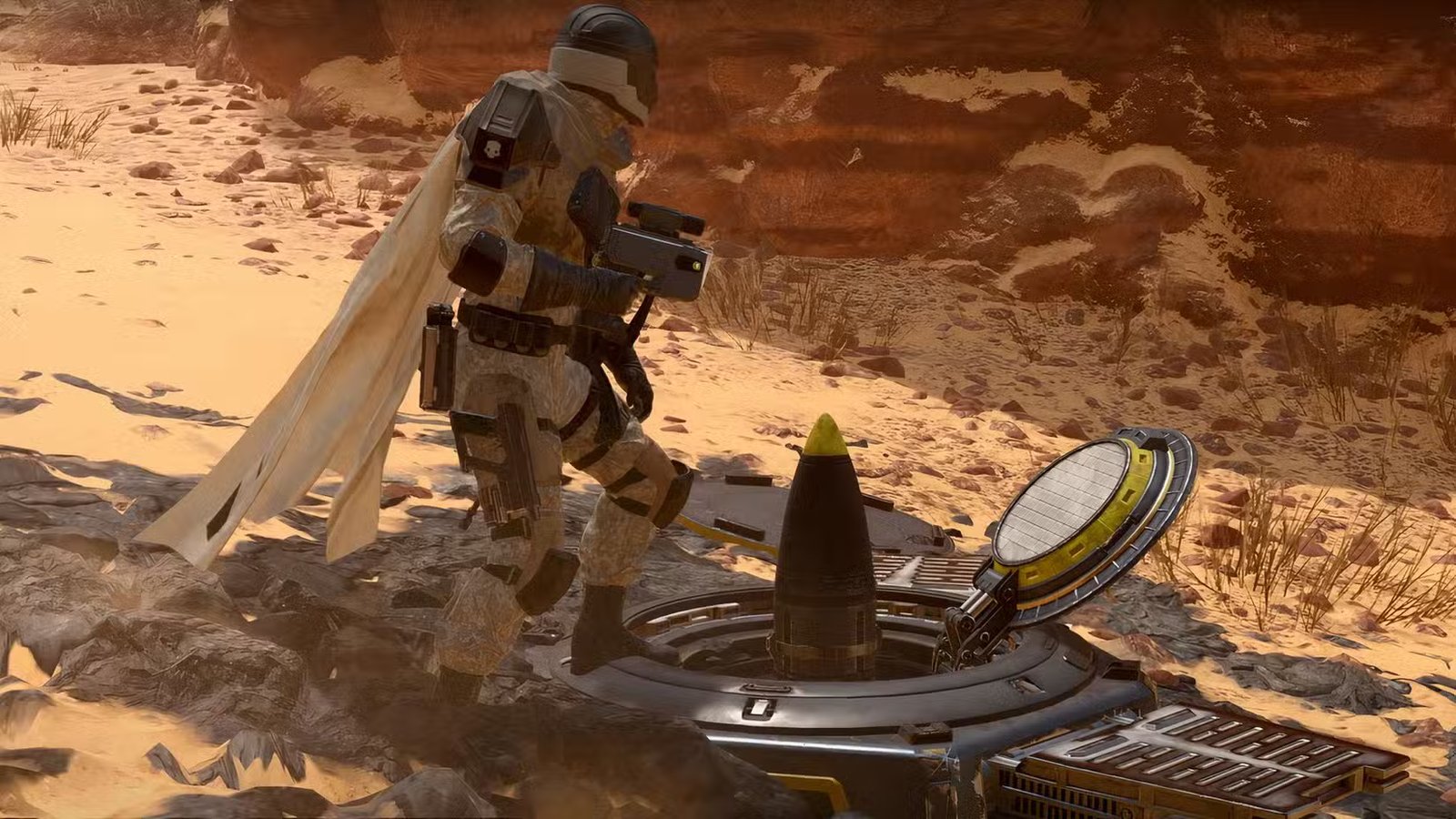 A Helldiver standing victorious amidst a battlefield.