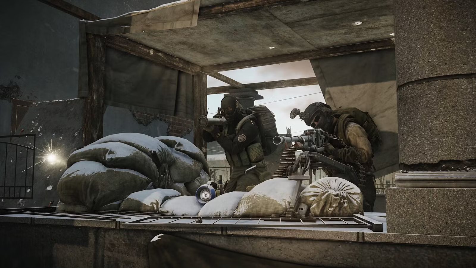 A promotional image for Escape From Tarkov, showcasing a PMC character in tactical gear amidst a desolate, war-torn urban environment.