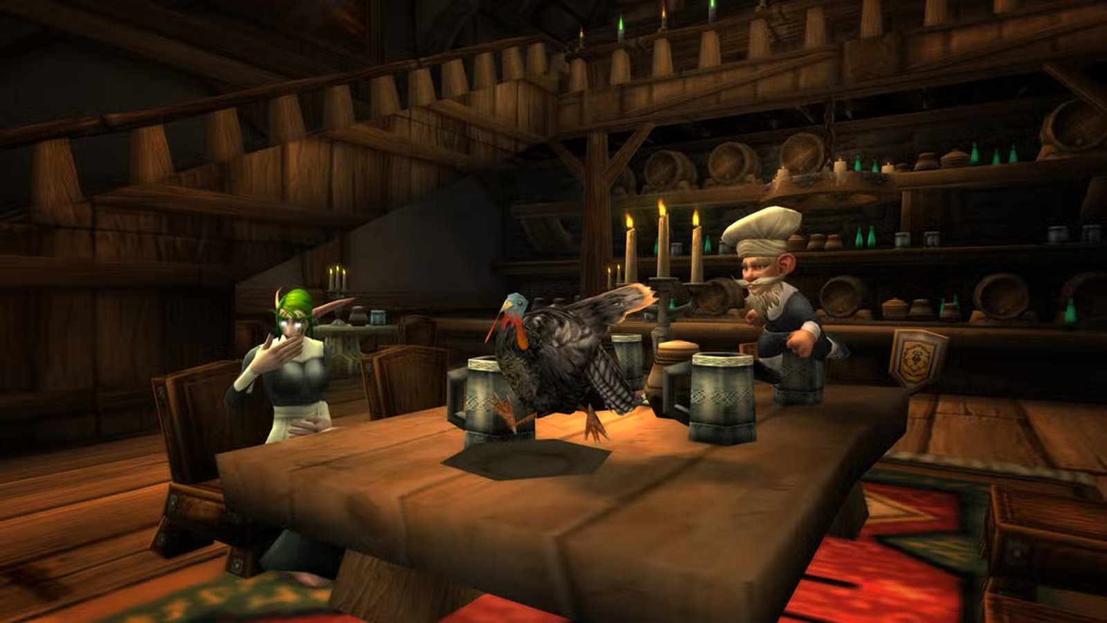 A group of players sharing food and laughter around a Pilgrim's Bounty table, highlighting the event's focus on community.