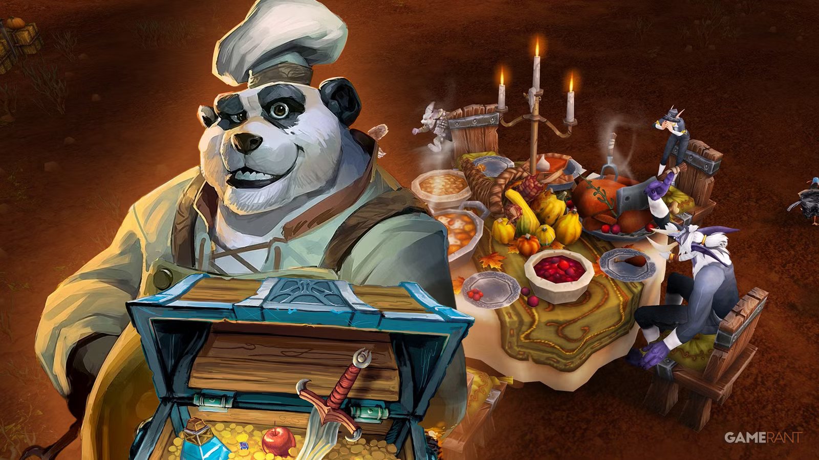 A panoramic view of a Pilgrim's Bounty feast table in Stormwind, overflowing with food and surrounded by players.