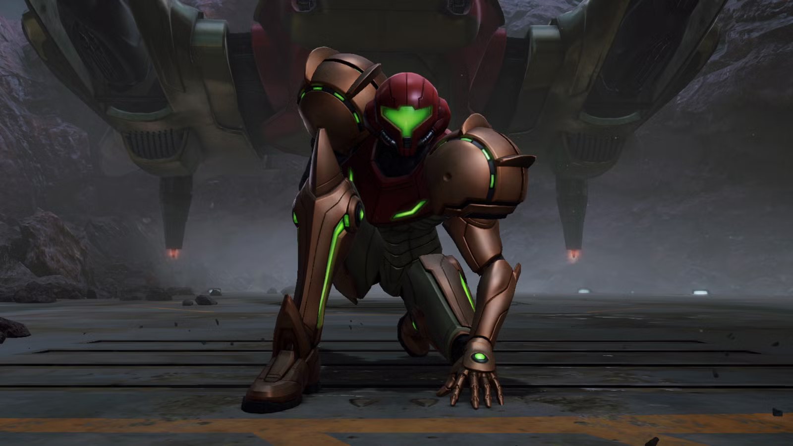 Samus Aran amiibo standing in front of a Metroid Prime 4 logo, hinting at potential amiibo integration.