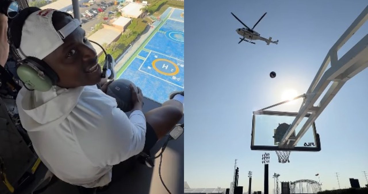 Chris Matthews preparing for his helicopter basketball shot in Dubai.