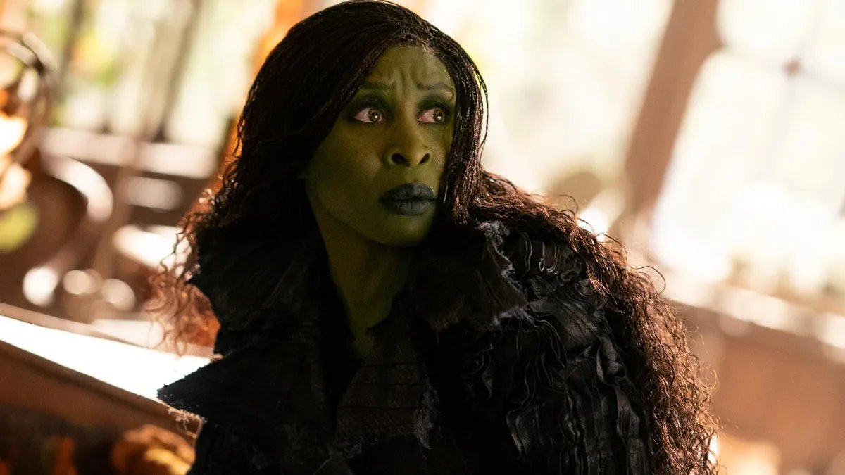 Cynthia Erivo as Elphaba in the Wicked movie, wearing the controversial cardigan.