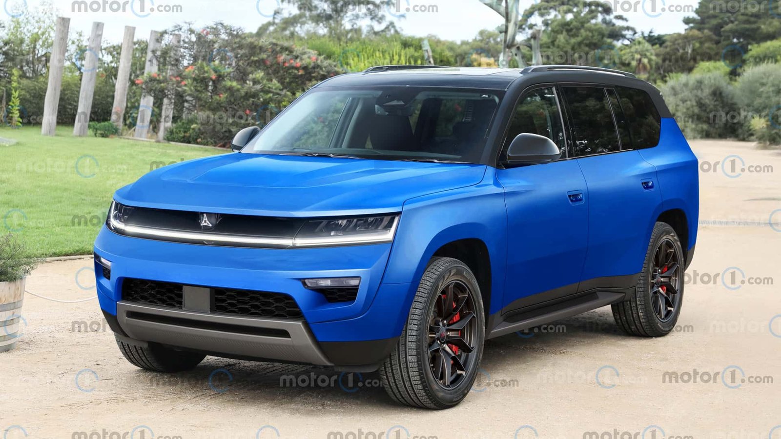 A digitally rendered image showing the front quarter view of the speculated 2029 Dodge Durango, featuring futuristic lines and an imposing grill.