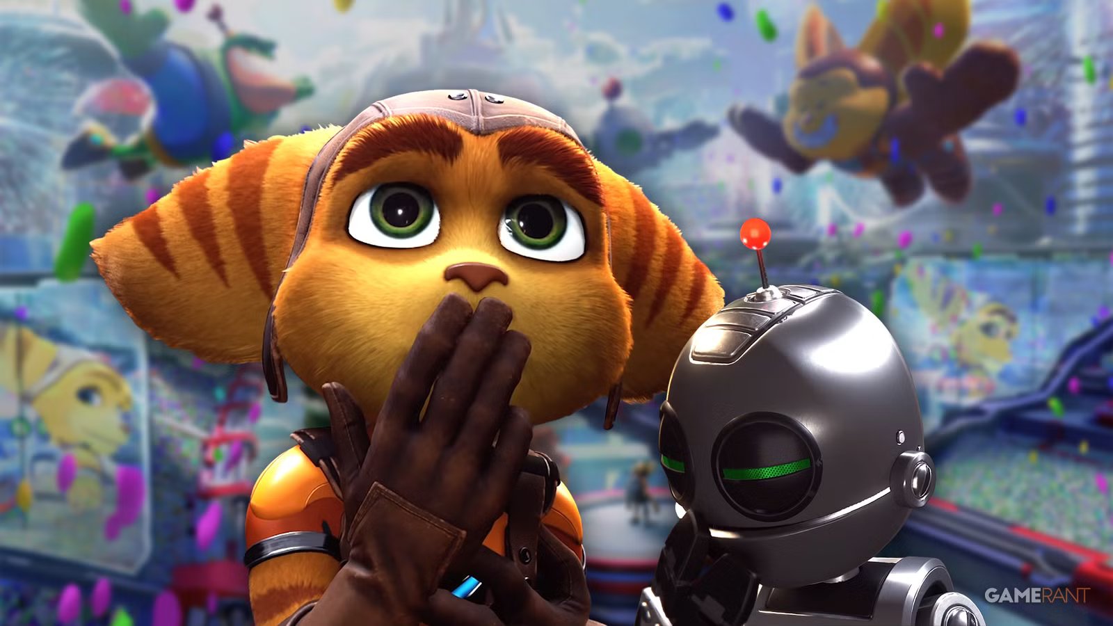 Ratchet and Clank standing heroically on a new planet, hinting at their next adventure.