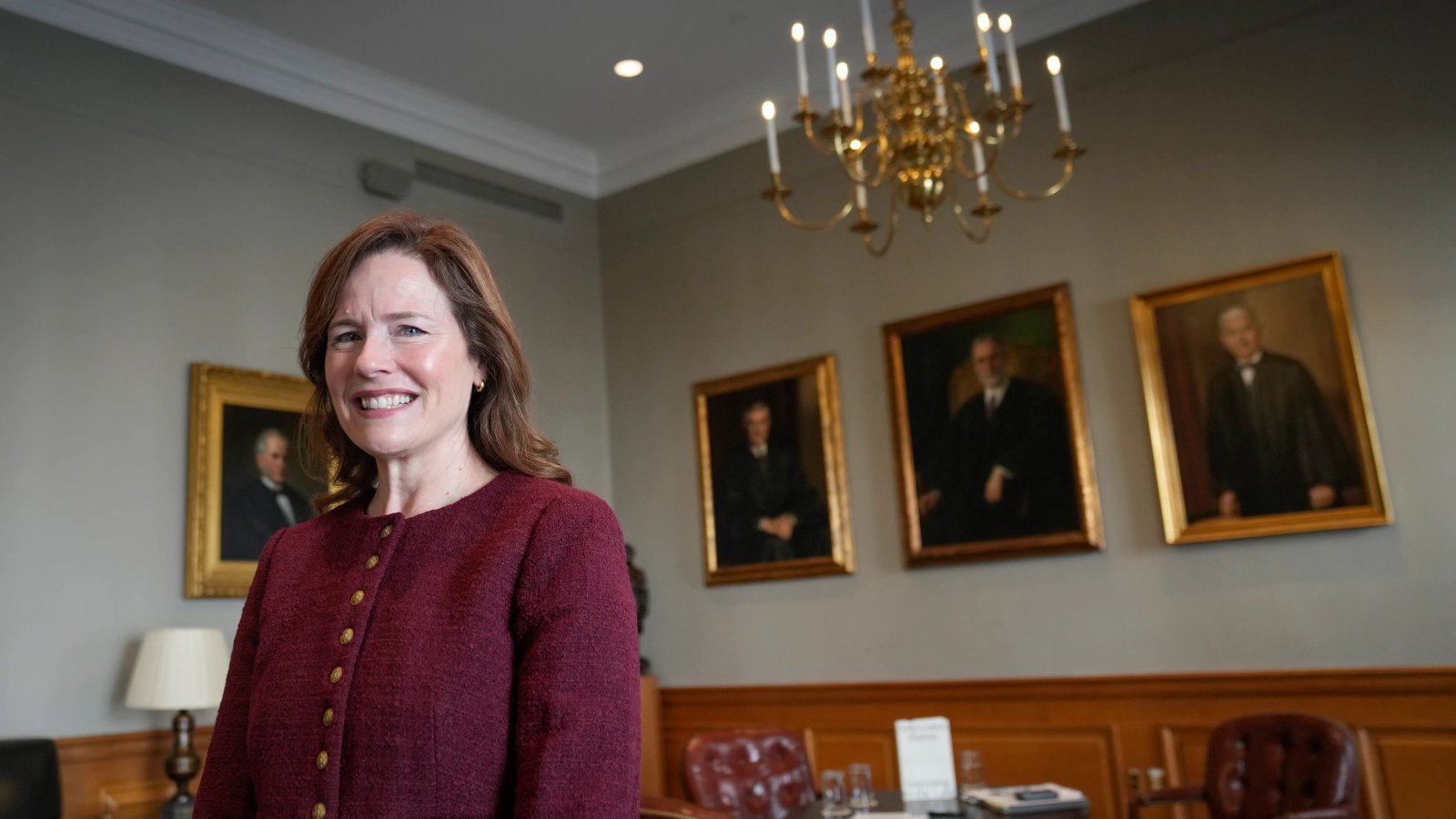 Justice Amy Coney Barrett engaging in a moderated Q&A session.