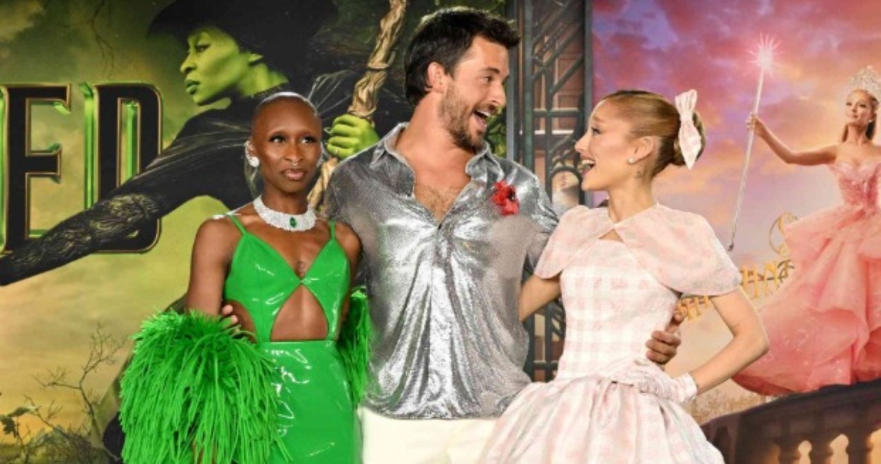 Ariana Grande, Cynthia Erivo, and Jonathan Bailey pose together.