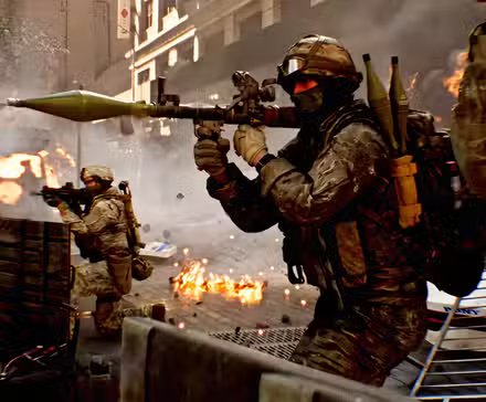 Battlefield 6 player engaging in intense urban combat amidst rubble and smoke.