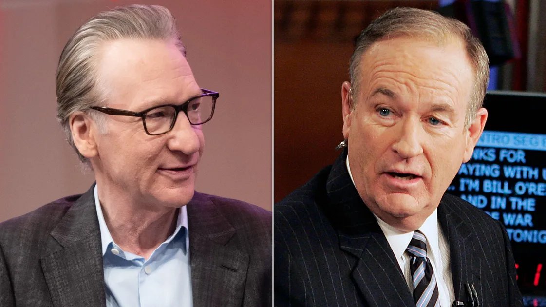 Bill Maher and Bill O'Reilly during their on-air discussion, both looking engaged.