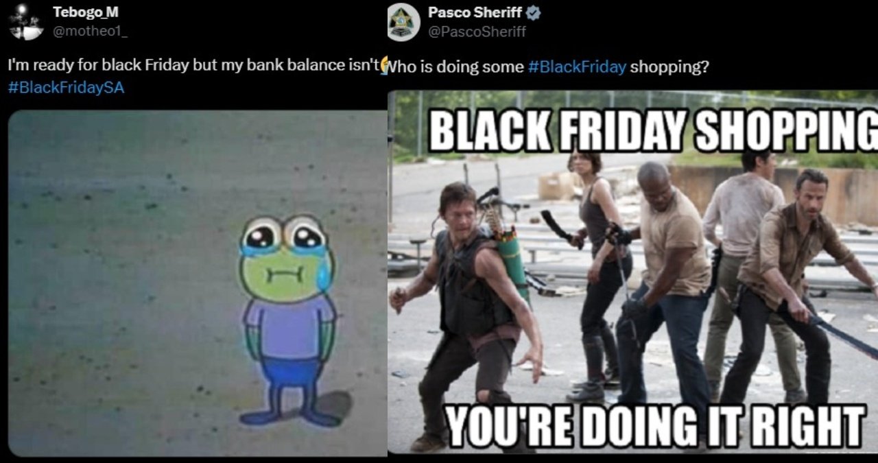 A Black Friday meme showing a person with a shopping cart full of items with the caption 'Me walking into Black Friday.'