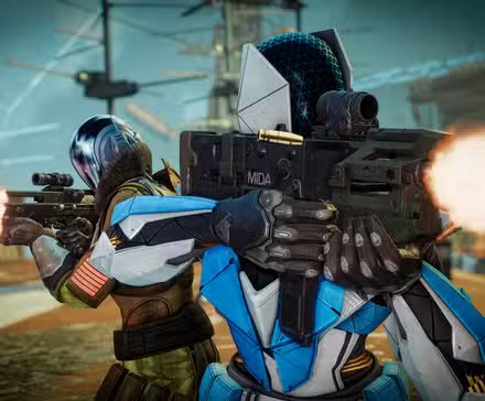 A Guardian character from Destiny 2, standing in a futuristic city setting, looking determined.