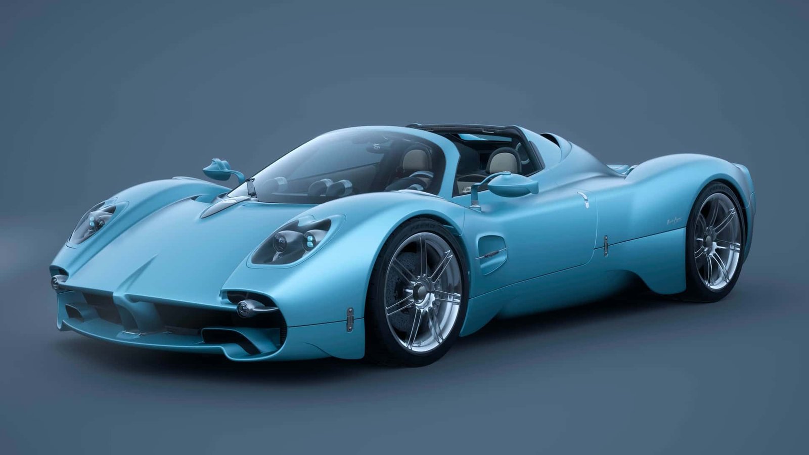 A sleek, modern $30-million penthouse interior with city views and a luxurious Pagani Utopia parked inside a glass garage