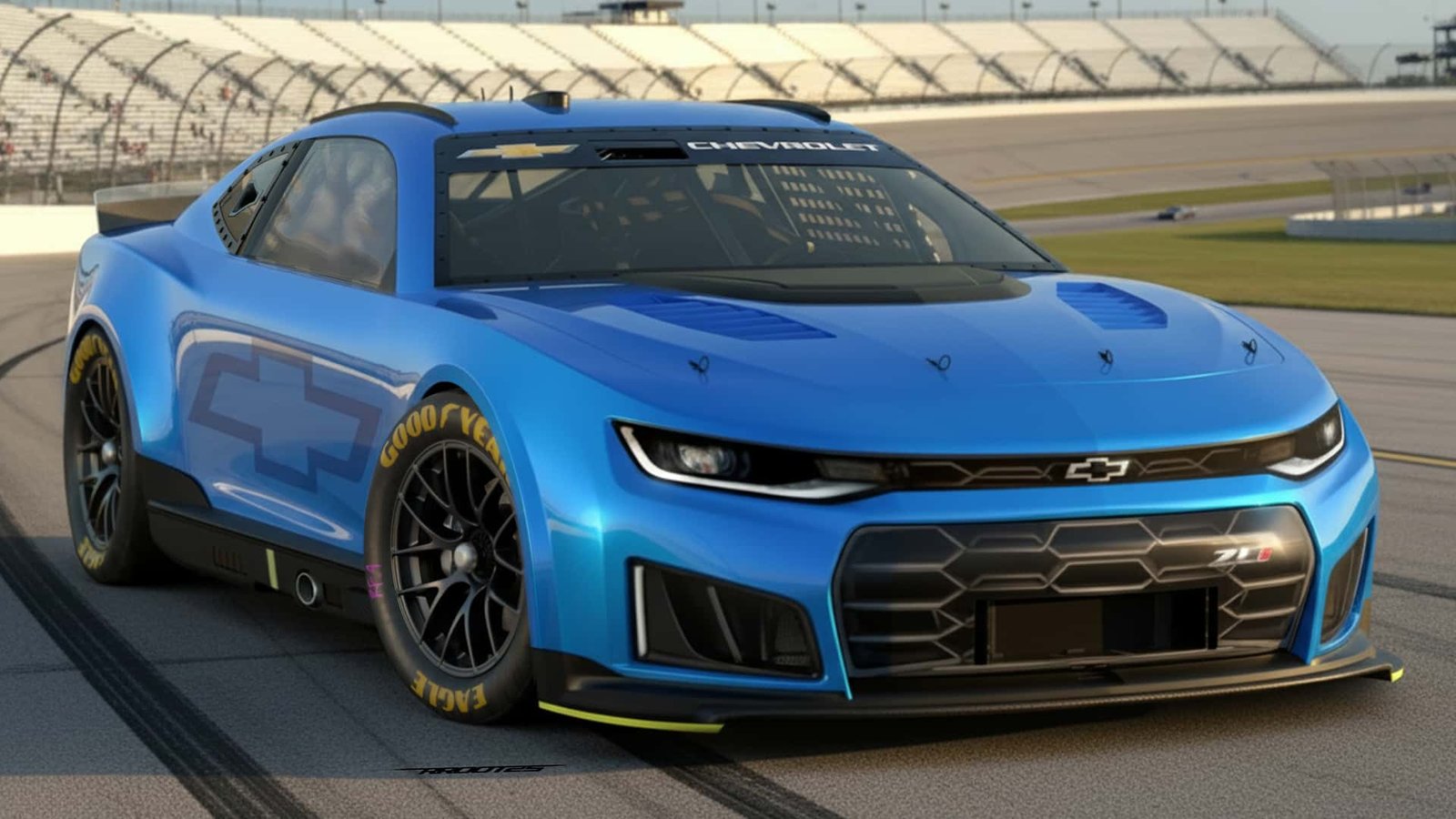 The iconic Chevrolet Camaro ZL1 NASCAR car dominating a high-speed turn on the track.