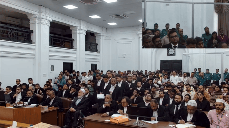 Khaleda Zia in court, looking somber as the verdict is delivered.