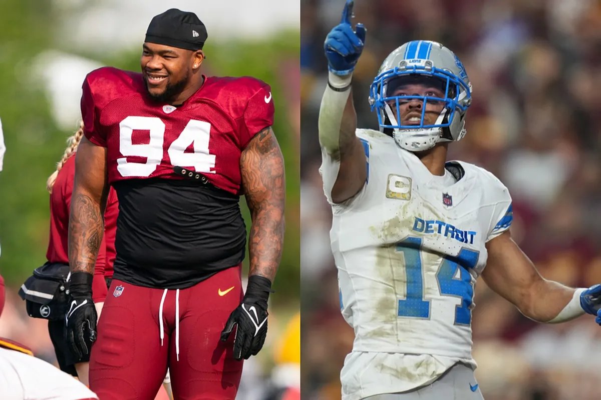 Daron Payne throws a punch at Amon-Ra St. Brown during the Thanksgiving Day game.