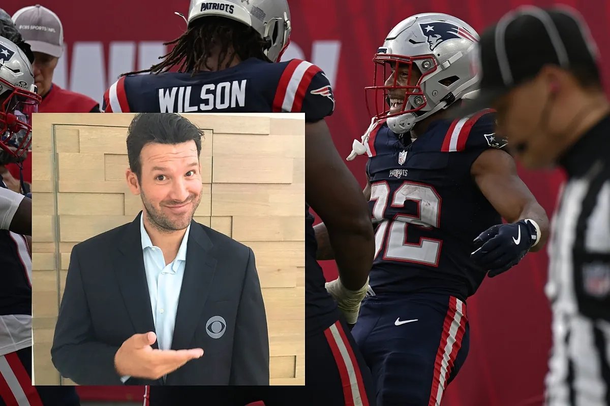 Tony Romo in the CBS broadcast booth, looking surprised.