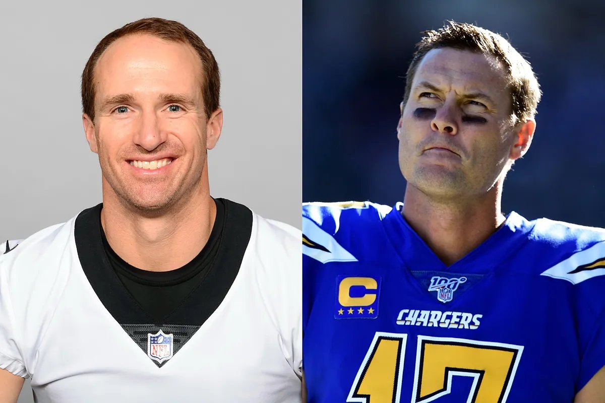 Drew Brees and Philip Rivers in their NFL uniforms, side-by-side.