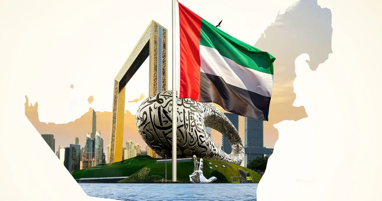 A vibrant display of fireworks over a modern cityscape, symbolizing celebration and the future, with the UAE flag colors subtly integrated, perfect for Eid Al Etihad 2025 celebrations.