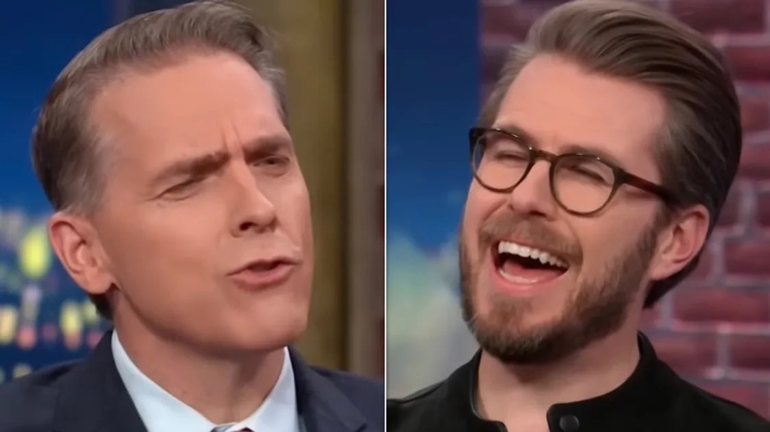 A heated political debate on a news channel, with two commentators gesturing intensely, conveying a sense of urgent disagreement on air.